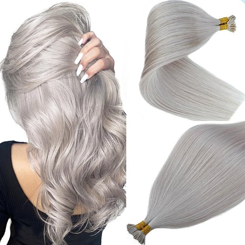 I Tip Hair Extension Silver Human Hair for Women Cold Fusion Stick Tip Keratin Glue Real Human Hair Piece Invisible Stick in Hair Extensions 100 Strands 50G 14Inch Silver Microlink Hair Extensions