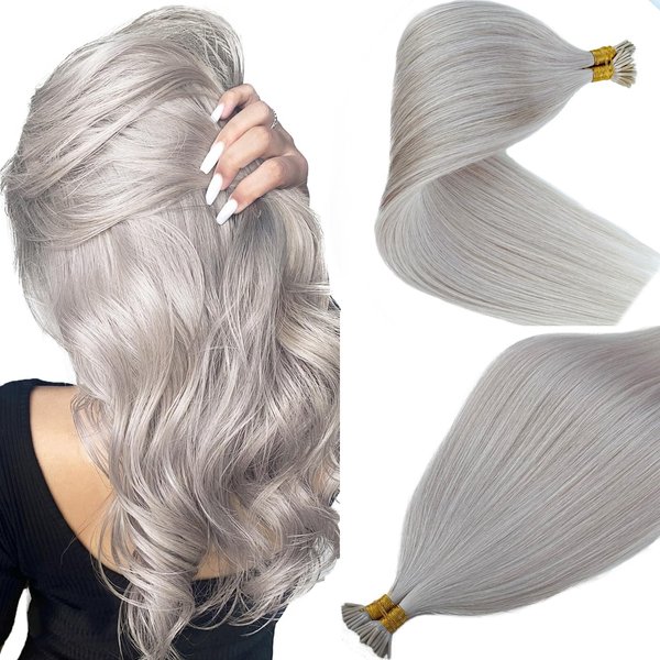 I Tip Hair Extension Silver Human Hair for Women Cold Fusion Stick Tip Keratin Glue Real Human Hair Piece Invisible Stick in Hair Extensions 100 Strands 50G 14Inch Silver Microlink Hair Extensions