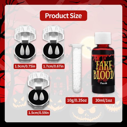 Pedenty 3 Sizes 3 Pairs Vampire Teeth Fake Fangs with Blood and Adhesive Tooth Beads for Women Men Halloween Costume Props Party Favors Accessories White Horror 15mm, 17mm 19mm