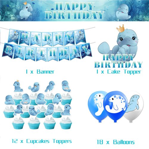 Manatee Party Decorations Manatee Animal Birthday Party Supplies Includes Manatee Happy Birthday Banner Cake Topper Cupcake Toppers Balloons for Birthday Decorations Baby Showers