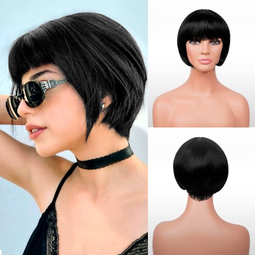INSTANT FAB Short Human Hair Wigs Pixie Cut Wigs with Bangs for Black Women Short Wedge Pixie Hairstyles Wig Layered Non Lace Front Wigs - Tourmaline (NATURAL BLACK)