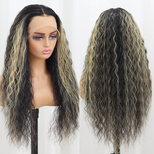 SISIFIRE Blonde Highlight 13×4 Inch Lace Front Wig Preplucked Water Curly Wave Synthetic Lace Front Wigs for Women Heat Resistant Fiber Blonde Lace Wigs for Daily Party Use