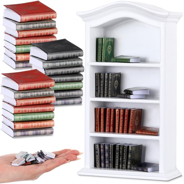 Poen 27 Pcs 1: 12 Scale Miniatures Dollhouse Books and a Wooden Bookcase Dollhouse Decoration Accessories 1: 12 Dollhouse Miniature Furniture 4 Floors Dollhouse Bookshelf for House Bedroom, White