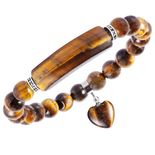 TUMBEELLUWA Healing Stone Bracelet 8mm Beads Chakra Crystal Energy Heart Charm Bracelet Handmade Jewelry for Women, Tiger's Eye