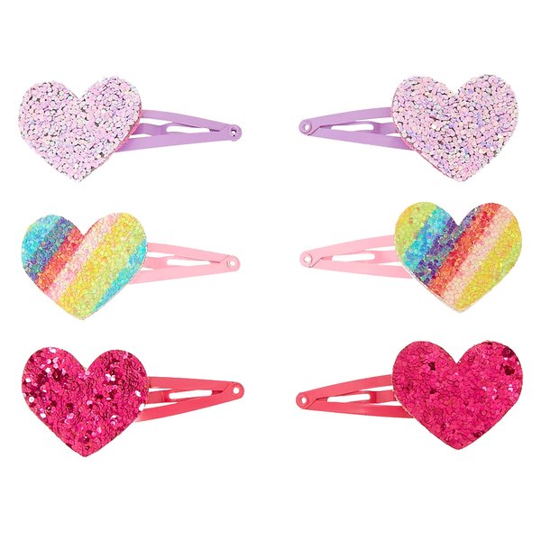 Claire's Club Glitter Heart Snap Hair Clips for Girls, Multicolor, Snap Clips, 6 Pack