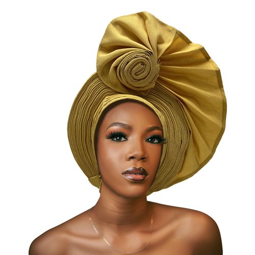 Nigerian for Women Turban Head Wrap African ASO Oke Gele Headties Femme Handmade Sewing Fashion Head Tie for Party (Gold)