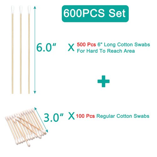 500 Pcs 6" Long Cotton Swabs with Wooden Sticks - Lint Free Gun Cleaning Swabs - Cotton Tipped Applicator for Makeup, Gun Cleaning & Lubricating, Pet Care, Hard-to-Reach Area Cleaning Tools