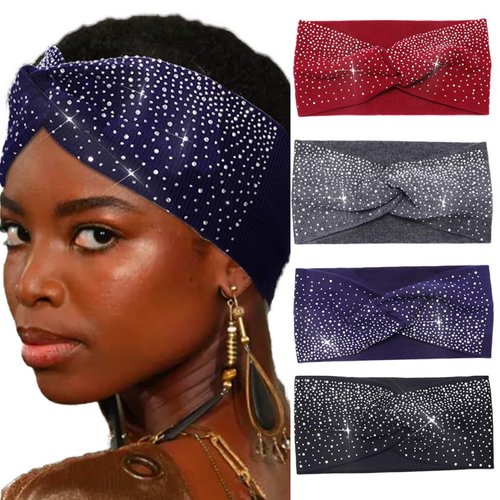 Urieo Sparkly Wide Head Band for Women Rhinestone Turban Headbands Workout Stretchy Crystal Twist Hair Bands (Pack of 4)
