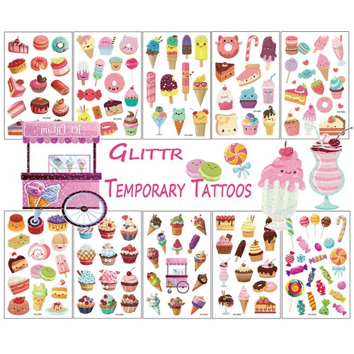 TopFunny Glitter Temporary Tattoos for Kids, 141Pcs Girls Lovely Ice Cream Fake Tattoo Birthday Party Supplies Cookie Tattoo (10 Sheets) Cute Waterproof Stickers Decoration Gifts Favors Sparkly Cake