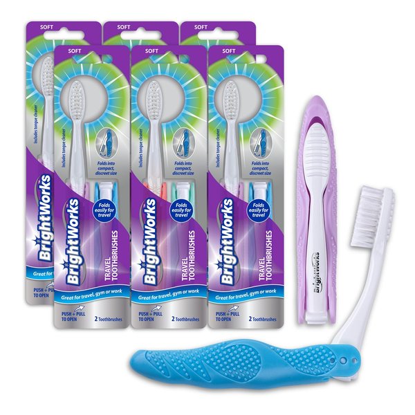BrightWorks Folding Travel Toothbrush (12 Total, 6 Sets of 2) with Built-in Cover. Portable with Soft Bristles and Tongue Cleaner. for Camping, Hiking, Travel, Work, Gym, Purse, Backpack.