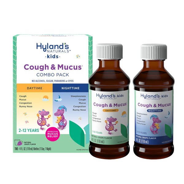 Hyland's Kids Cough Syrup and Mucus Relief Daytime and Nighttime Combo Pack, Kids Medicine for Ages 2-12, Grape Flavor, Promotes Sleep, Cough, Runny Nose, Mucus and Congestion, 8 Ounces
