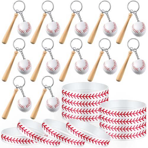 24 Pieces Baseball Party Supplies Include 12 Pieces Baseball Silicone Bracelets Baseball Wristbands 12 Pieces Baseball Keychains for Birthday Party School Party Favors(Basic Style)
