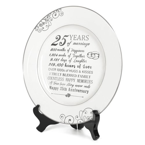 Urllinz 25th Anniversary Plate with Platinum Foil-25th Anniversary Wedding Gifts for Couple Silver Unique,25th Year Annivesary Marriage Gifts for Her Him Husband Wife,9 Inch