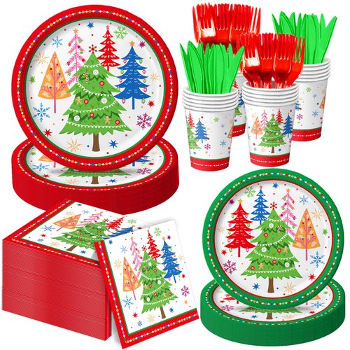 150 PCS Christmas Party Supplies - Christmas Plates and Napkins Set Includes Plates, Napkins, Cups, Forks, Knives for Christmas Party Decorations, Serves 25