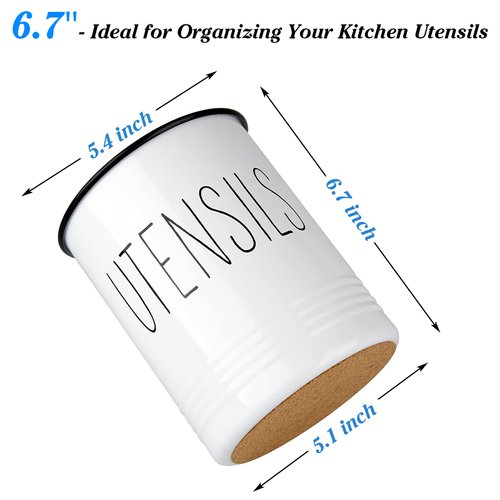 Bivvclaz Kitchen Utensil Holder, 6.7" Utensil Holder for Kitchen Counter, Cooking Utensil Crock with Cork Bottom, Modern Farmhouse Kitchen Decor, Countertop Utensil Storage Caddy Organizer, White