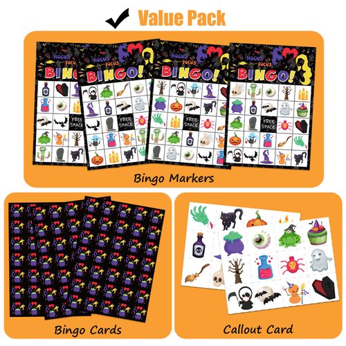 ROCWOHO Halloween Hocus Pocus Bingo Game Cards for Kids 24 Players Halloween Party Game for School Classroom Family Activities Halloween Party Favors Supplies