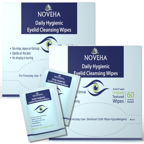 NOVEHA 120Pcs Daily Hygienic Eyelid & Lash Wipes | 120 Individually Wrapped Cleansing Eyelash Wipes - For Blepharitis & Itchy Eyes, Demodex and Natural Makeup Remover & Daily Cleanser (2 Pack)