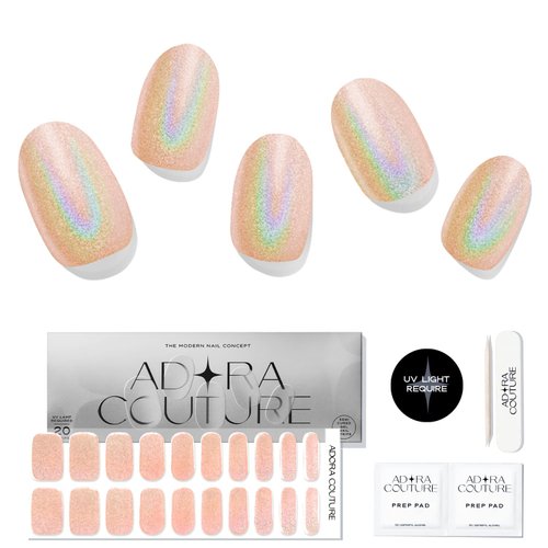 Adora Couture Semi Cured Gel Nail Strips | 20pcs Glossy Holographic Silver Stick-on Gel Nail Stic...