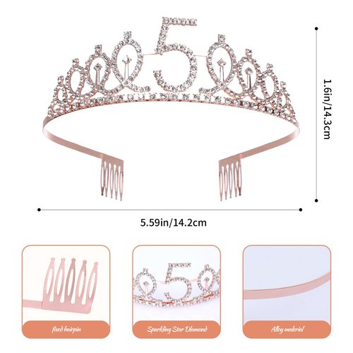 JasperKino 5th Birthday Sash and Tiara Set Rose Gold Birthday Sash Crown Birthday Party Favors Supplies for Girls Birthday Party, Pink
