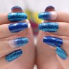 MISUD Medium Coffin Press on Nails, Blue Ombre Fake Nails, Glossy Glue on Nails, Sparkly Acrylic Nails, Bling Glitter Artificial Nails, Ballerina False Nails with Design 24 pcs