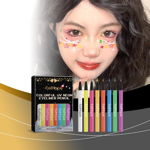 Saimtiur 8 Colors UV Neon Liquid Eyeliner Pencil Colored Liners Set Kit Body Face Eyes Makeup Colorful Painting Long Lasting Waterproof Smudge-proof Christmas Xmas Halloween Festival Party Gift