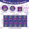 gisgfim Video Game Party Supplies Gaming Tableware Set for 24 Guests Neon Gamer Paper Plates Video Game On Party Decorations Includes Plates, Napkins, Tablecloths