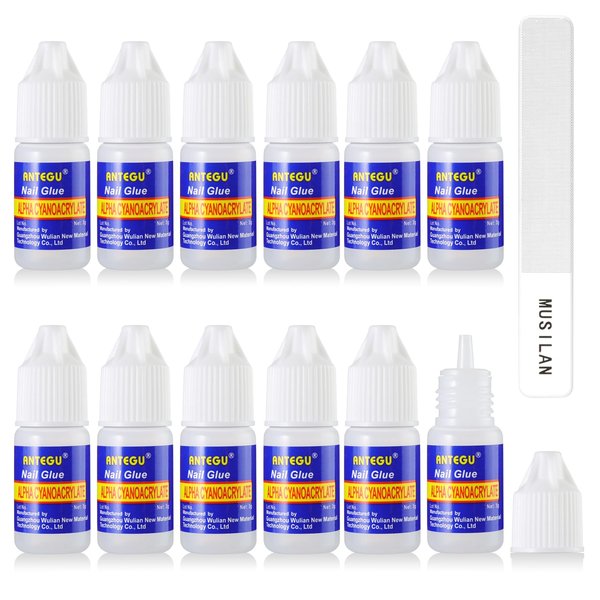 MUSILAN Nail Glue,Nail Glue for Acrylic Nail Tip 12 Bottles Professional Nail Glue False Nail Extension Tips Glue for Broken Nails Adhesive Super for Press on Nails Adhesive with Glass Nail Files