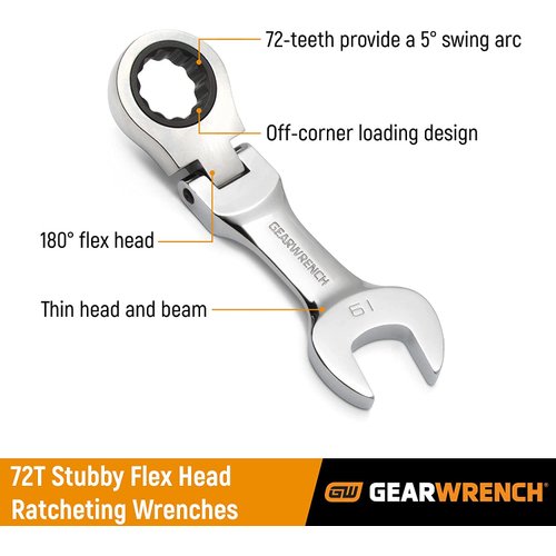 GEARWRENCH 7 Piece 72-Tooth 12 Point Stubby Flex Head Ratcheting Combination SAE Wrench Set | 9570