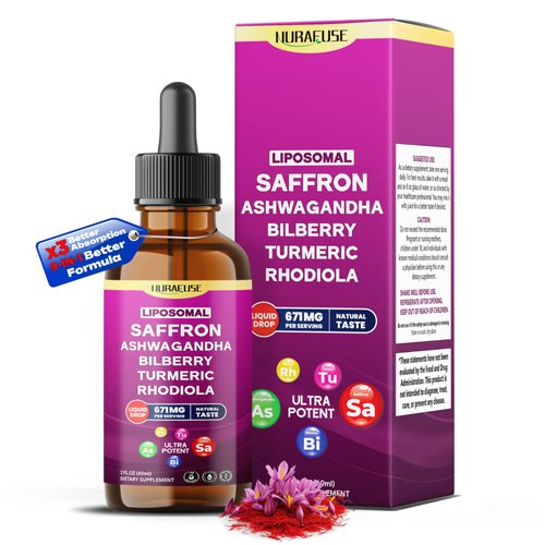 NURAFUSE Liposomal Saffron, Ashwagandha, Bilberry, Turmeric, Rhodiola Liquid Drops – 1000mg per Serving, Ultra Potent, Natural Taste, USA Made & Lab Tested – 2 FL OZ (60ml)