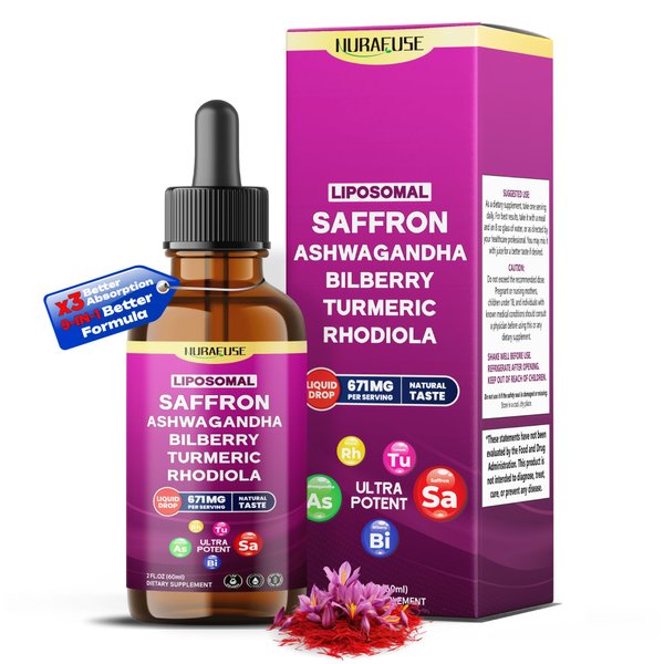 NURAFUSE Liposomal Saffron, Ashwagandha, Bilberry, Turmeric, Rhodiola Liquid Drops – 1000mg per Serving, Ultra Potent, Natural Taste, USA Made & Lab Tested – 2 FL OZ (60ml)
