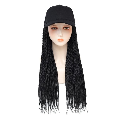 Yunkang Baseball Cap Wig Box Braid Hair Extensions with Hat Black Color Hat Wig with 18inch Long Braided Hair for Women Girls(Black cap 1B)