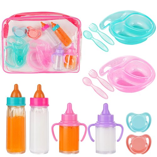 BABESIDE 13 Pcs Reborn Baby Doll Feeding Set with Toy Storage Bag, Magic Baby Doll Bottles with Disappearing Milk & Juice and Baby Doll Pacifiers for Toddlers Pretend Play Toys