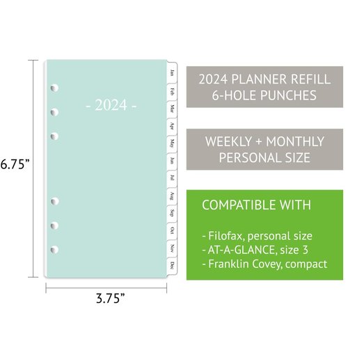 2024 Weekly & Monthly Planner Refill, 3-3/4" x 6-3/4", January 2024 - Dec 2024, Personal/Compact/Size 3