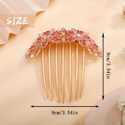 Aimimier Crystal Inlaid French Flower Hair Comb Sparkly Rhinestone Gem Side Combs Long Teeth Hair Pins Styling Hair Accessories for Women Girls(Pink)