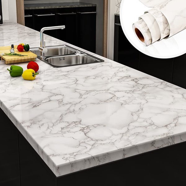 Yenhome Waterproof Contact Paper for Bathroom Countertops 24"X118" Glossy White Grey Marble Contact Paper Peel and Stick Marble Wallpaper Marble Countertop Peel and Stick Decorative Contact Paper