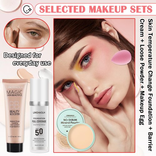 Color Changing Liquid Foundation & Full Coverage Concealer Foundation Face Primer Base Makeup Set,Moisturizing BB Cream & Loose Setting Face Powder with Makeup Sponge