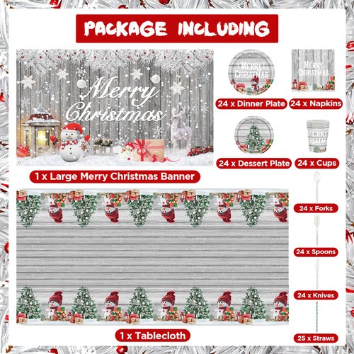 195PCS Silver Christmas Party Supplies Decorations Christmas Tableware Set Kit Includes Xmas Paper Plates and Napkins Sets Glitter Merry Xmas Disposable Dinnerware Tablecloth Banner Backdrop Serve 24