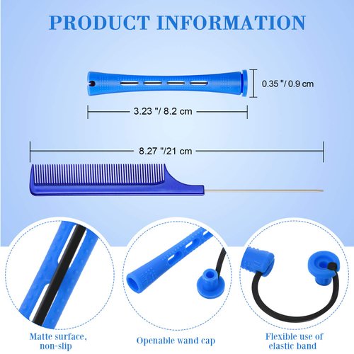 96 Pieces Hair Perm Rods, Cold Wave Rods Plastic Perming Rods Heatless Curlers Rollers with 2 Steel Pintail Comb Rat Tail Comb for Hairdressing Styling Tools (Blue, 0.35 Inch/ 0.9 cm)