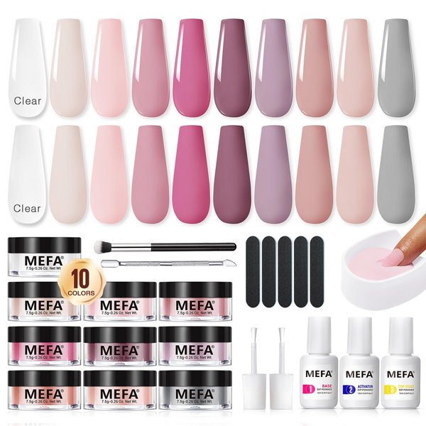 MEFA Dip Powder Nail Kit Clear Nude Pink Purple Grey 10 Colors Dipping Powder with Base Top Coat Activator Liquid Set Recycling Tray, All Seasons Elegant Romantic Tones French Nail Art Manicure Salon