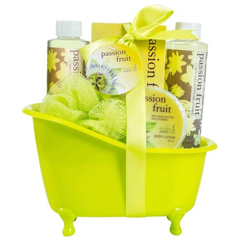 Home Spa Bath Basket - Passion Fruit Fragrance - Bath and Body Set For Women - Contains Shower Gel, Bubble Bath, Body Lotion, Bath Salt, with Shea Butter and Vitamin E in Vintage Style Green Tub