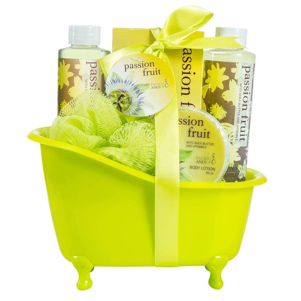 Home Spa Bath Basket - Passion Fruit Fragrance - Bath and Body Set For Women - Contains Shower Gel, Bubble Bath, Body Lotion, Bath Salt, with Shea Butter and Vitamin E in Vintage Style Green Tub