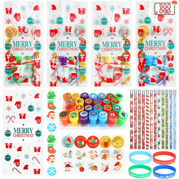 Christmas Stocking Stuffers Party Favors for Kids Christmas Stationery, 144pcs 24 Pack Christmas Goodie Bag Fillers Including Christmas Pencils, Wristbands, Stickers, Stamps and Erasers in Treat Bags