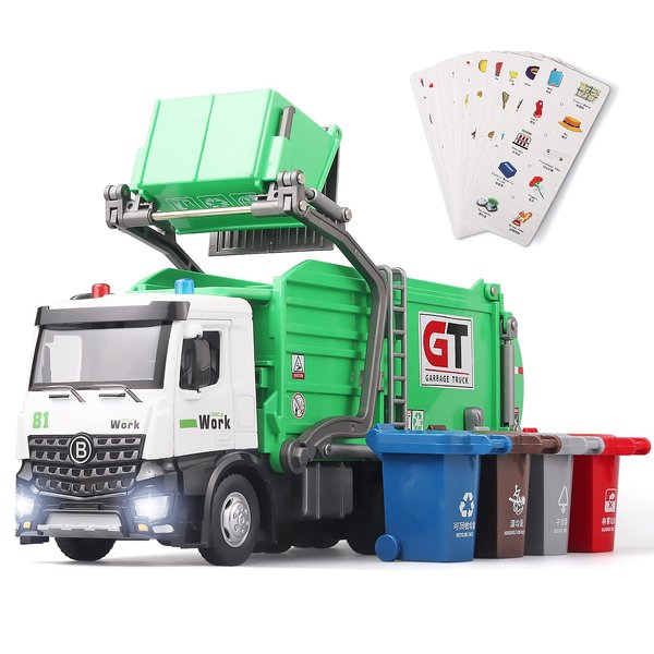 OANMYJJO Garbage Truck Toys for Boys，Garbage Truck Toys Metal Diecast, Friction Powered Toy Garbage Truck with Light and Sounds,Garbage Truck with Front Loader Dumpster，Garbage Trucks for Boys Age 4-7