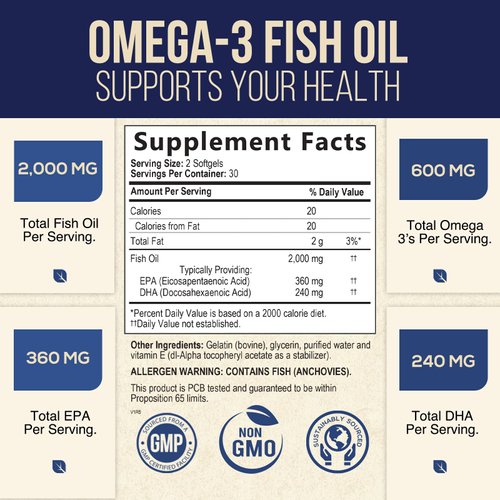 Triple Strength Omega 3 Fish Oil 2000 mg Rapid Release Softgels, Omega-3 Supplements, Natural Brain Heart Joint Health & Immune Support - Fatty Acids with EPA & DHA - Fish Oil Supplement - 60 Count