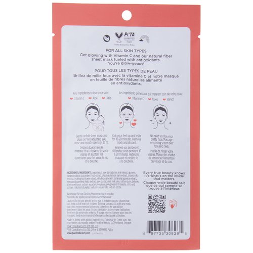 Pacifica Beauty, Glow Baby Brightening Face Mask, Sheet Mask, Skincare, Vitamin C, Aloe, Kelp, Brightening, Glowing Skin, Dullness, Fine Lines, Dark Spots, Dry Skin, Vegan & Cruelty Free