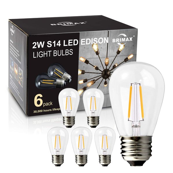 BRIMAX 6Pack 2w LED Light Bulbs, Plastic LED Filament Bulb, 2700K Warm White, Equivalent to 11w/20w/25w, E26 Medium Base, S14 Edison Light Bulbs for 6/12/18-light Sputnik Chandelier Bulbs