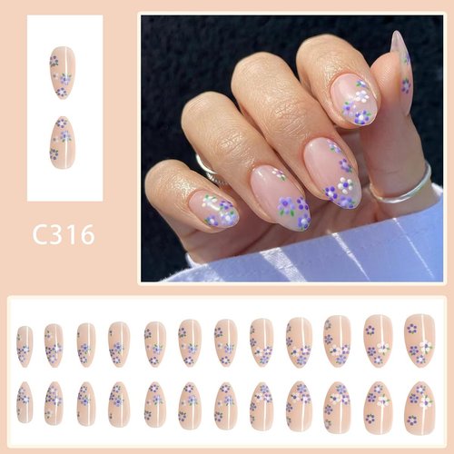 Flower Press on Nails Short Almond Fake Nails Purple Floral Designs Full Cover Stick on Nail Summer Spring False Nails Nude Glossy Artificial Acrylic Nail for Women Girls Manicure Decorations 24 Pcs