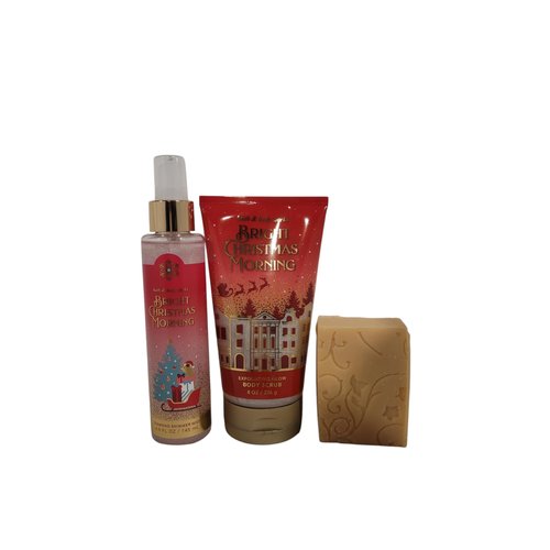 Bath and Body Bright Christmas Morning Diamond Shimmer Mist and Exfoliating Glow Body Scrub Rosebud Ranch Goat Milk Soap Sample