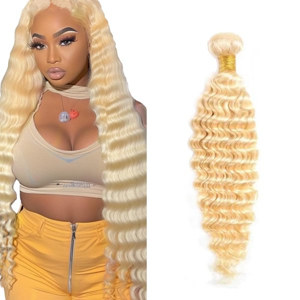 28 Inch 613 Bundles Human Hair Blonde Deep Wave Human Hair Bundles Brazilian Unprocessed Virgin Hair 1 Bundle 613 Deep Wave Bundles Hair Weave Blonde Bundles Hair Extensions