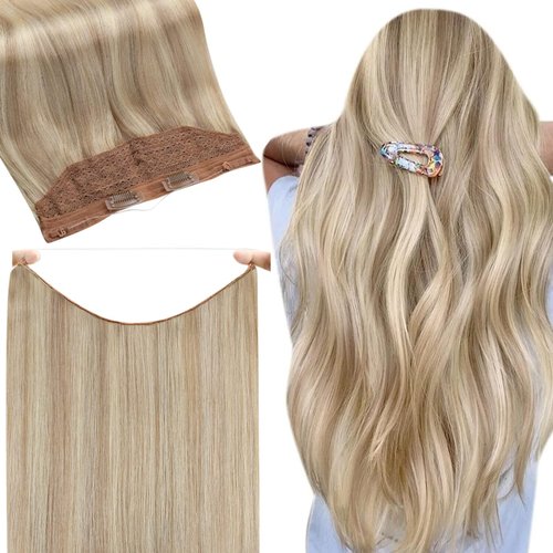 Fshine Secret Extensions Human Hair Wire Hairpieces Ash Blonde Highlighted Bleach Blonde 12Inch One Piece Clip in Real Hair Extensions Fish Line Layered Human Hair Extensions for Short 70Grams